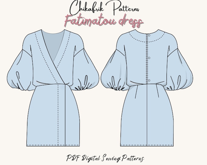 Fatimatou dress pattern|Women dress sewing pattern| PDF dress pattern puffy sleeve illusion of wrap dress|15 sizes mini dress V neckline