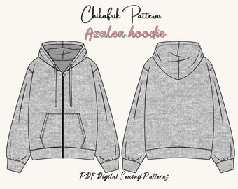 May include: A digital sewing pattern for an Azalea hoodie. The pattern includes a front and back view of the hoodie, which is a gray zip-up hoodie with a pouch pocket.