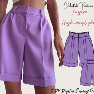 Taylor high waist short| short sewing pattern| 10 Sizes XXS to XXL |Women sewing pattern PDF sewing pattern Wide Pleated Shorts