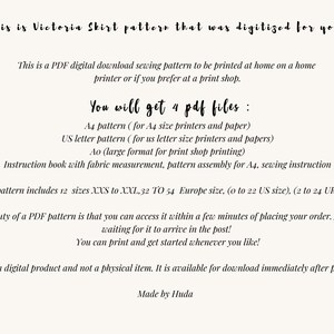 May include: A digital download sewing pattern for a Victoria Skirt. The pattern includes 12 sizes, from XXS to XXL, and is available in 4 PDF files: A4, US Letter, Ao, and an instruction book. The pattern is available for immediate download after purchase.