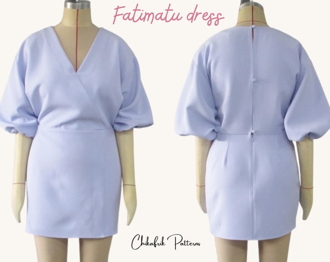 Puffy Sleeve Wrap Dress Sewing Pattern: V-Neck Mini Dress (PDF Download, 15 Sizes)