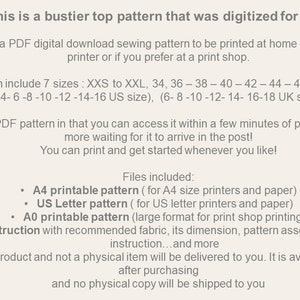 Patrón bustier/7sizes XXS XXL/ patrón de costura PDF top bustier /patrón de corpiño/Patrón de corsé/Carta de EE.UU./A4/A0/Patrón de costura de proyector imagen 3