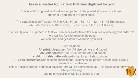 Bustier Pattern7sizes XXS XXL Bustier Top PDF Sewing Pattern bodice  Patterncorset Patternus Letter/a4/a0/projector Sewing Pattern 