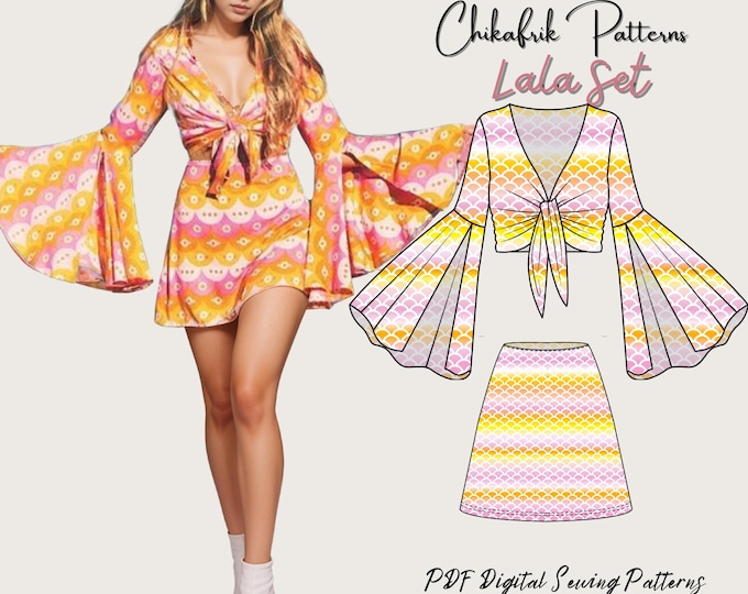 Lala set sewing pattern|70s set women PDF sewing pattern|women boho set|Bell sleeve top pattern|skirt sewing pattern|women summer setpattern