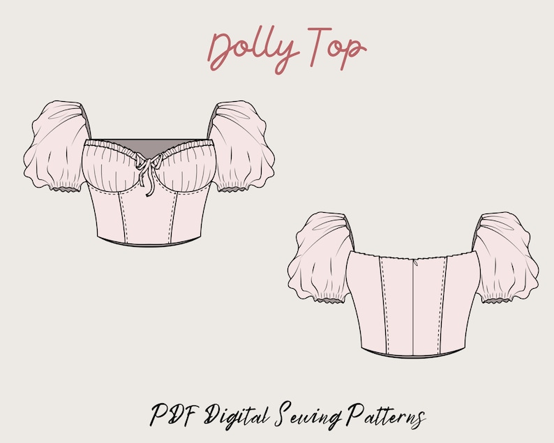 Pu&ograve; includere: Un cartamodello digitale per un top corto rosa con maniche a sbuffo. Il cartamodello si chiama "Dolly Top" e include le istruzioni per realizzare il top.