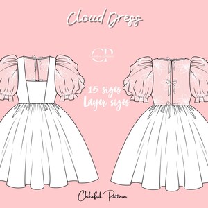 May include: A line drawing of a white dress with puffed sleeves and a square neckline. The dress has a full skirt and is shown from the front and back. The text "Cloud Dress" is at the top of the image, and "15 sizes Layer sizes" is below the dress. The text "Chikafuki Patterns" is at the bottom of the image.