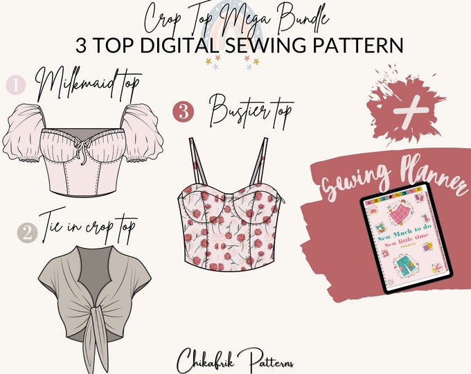 3 TOP SEWING PATTERNS |Bustier top pattern +milkmaid blouse pattern +Tie in crop top pattern +sewing digitalplanner|women pdf sewing pattern