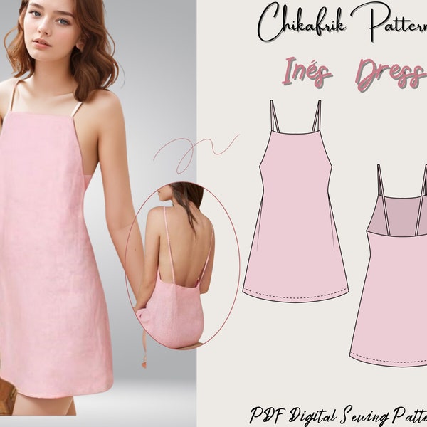 Inés dress|Minimalist dress pattern|mini dress pattern| strap dress pattern|backless dress pattern|women dress sewing pattern 12 Sizes