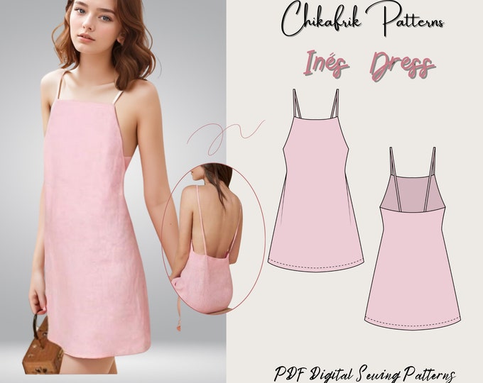 Inés dress|Minimalist dress pattern|mini dress pattern| strap dress pattern|backless dress pattern|women dress sewing pattern 12 Sizes