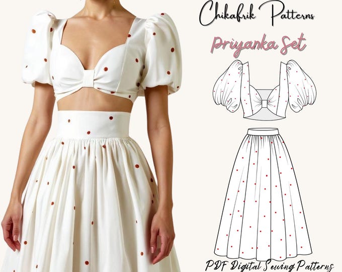 Bow Crop Top & Midi Skirt Sewing Pattern: Dotted Print (PDF Download)