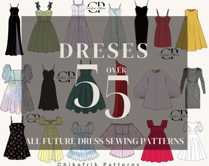 55 dresses sewing pattern bundle|women dress sewing pattern|PDF sewing pattern|Unlimited access to future dress sewing pattern
