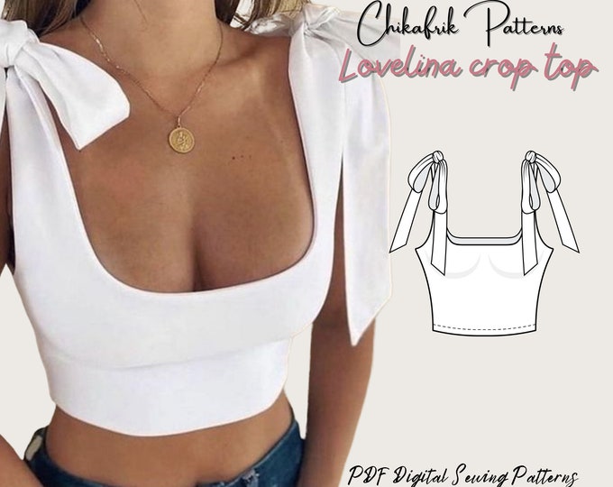 Lovelina crop top pattern|Bow straps crop top pattern|Square neckline crop top pattern|women crop top pattern|pdf digital sewing pattern