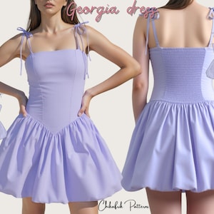 Könnte beinhalten: Ein helllila Kleid mit quadratischem Ausschnitt und Bindeträgern. Das Kleid hat ein figurbetontes Oberteil und einen ausgestellten Rock. Der Text "Georgia dress" steht in rosa Schrift oben. Eine kleine Kleiderillustration befindet sich auf der linken Seite.
