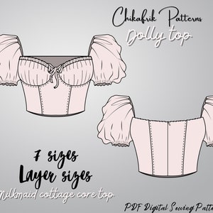 Pu&ograve; includere: Un cartamodello digitale per una blusa in stile cottagecore con maniche a sbuffo. Il cartamodello include 7 taglie e si chiama "Dolly Top".