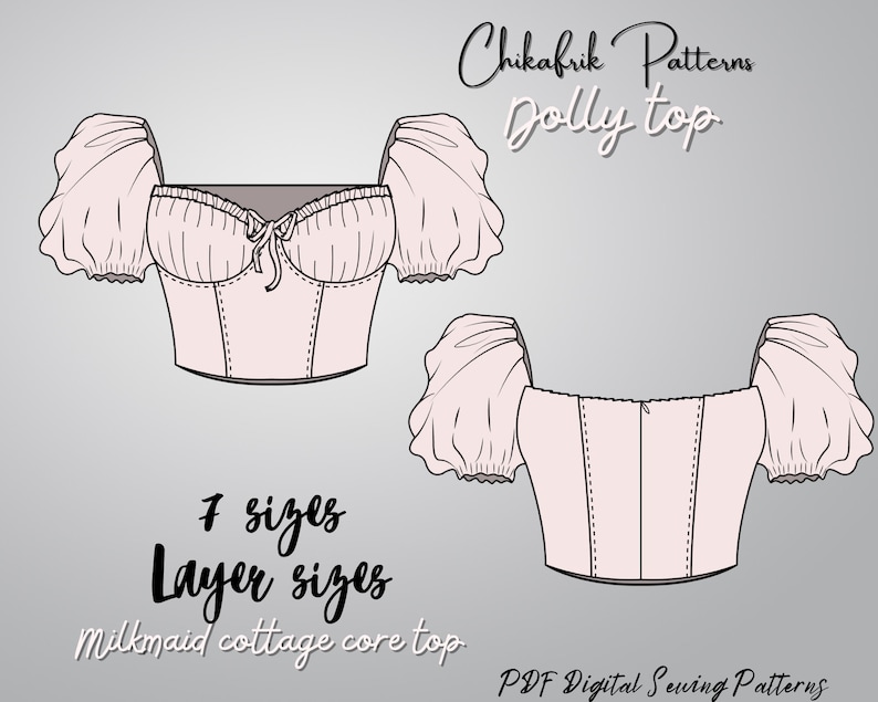 Pu&ograve; includere: Un cartamodello digitale per una blusa in stile cottagecore con maniche a sbuffo. Il cartamodello include 7 taglie e si chiama "Dolly Top".