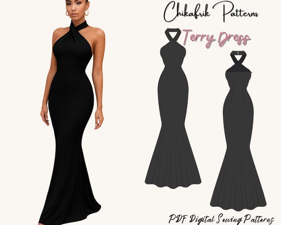 ruched bodycon dress pattern Bodycon Party Dress Sewing Pattern: Ruched Halter Gown (PDF Download, Sizes  00-26 US )