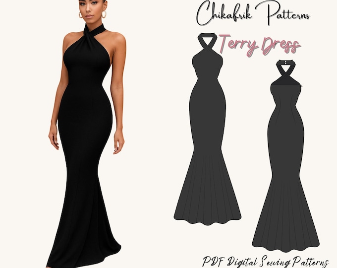 Terry dresspattern|women dress pattern|HighNeck Sleeveless Bodycon Long Party Dress Formal dress|Ruched Halter Sleeveless Floor Length Dress