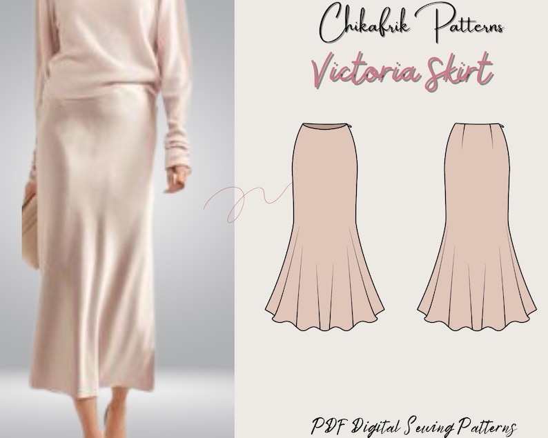 May include: A digital sewing pattern for a Victoria skirt. The pattern includes two views of the skirt, one with a fitted waist and the other with a looser fit. The skirt is a mermaid style with a flowing bottom.