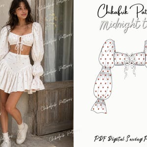 May include: A white two-piece outfit with a floral pattern. The outfit includes a crop top with long, puffy sleeves and a square neckline, and a matching mini skirt. The image also shows a line drawing of the top. Text on the image reads "Chikafrik Patterns Midnight top".
