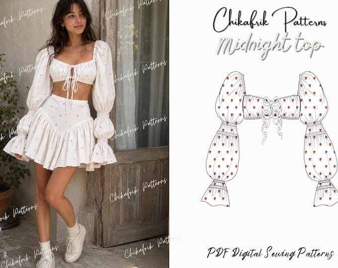 Midnight Top Sewing Pattern PDF, Cottagecore Puff Sleeve Crop Top, Tie Front Blouse Pattern, Coquette Top Pattern, Romantic Boho Top 15sizes