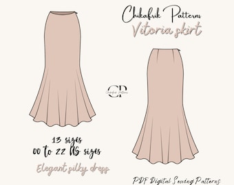 May include: A digital sewing pattern for a Vitoria skirt, a long, flowing skirt with a fitted waist and a flared hem. The pattern includes 13 sizes, from 00 to 22 US sizes. The pattern is for an elegant silky dress.