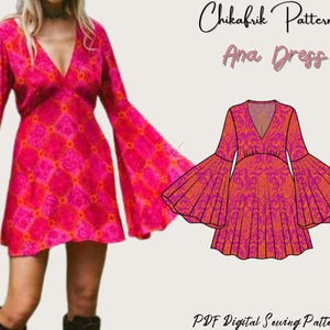 Ana dress|Sheath Bell Sleeve Mini Dress 70s inspired dress pattern|mini dress pattern|women dress sewing pattern|PDF sewing pattern 15 size