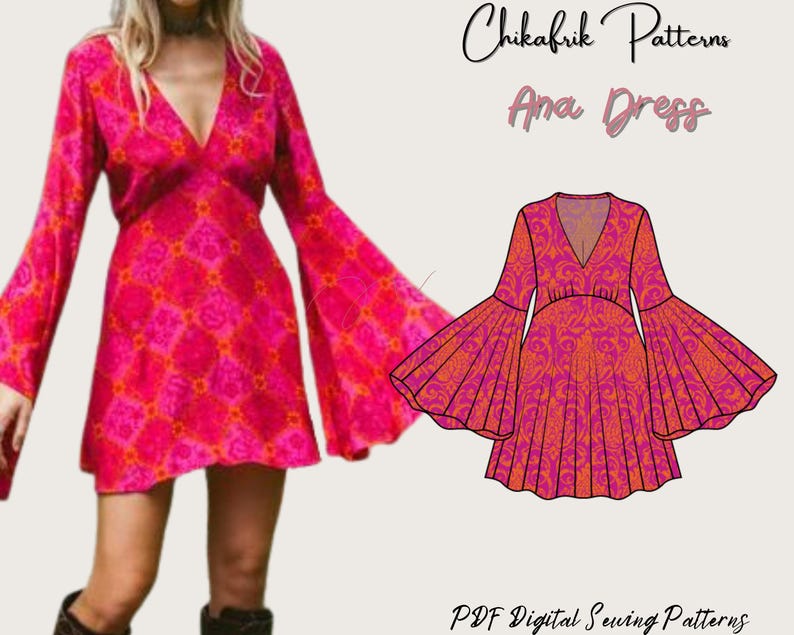 May include: A digital sewing pattern for a pink and orange dress with bell sleeves. The pattern is called "Ana Dress" and is from Chikafrik Patterns. The text "PDF Digital Sewing Patterns" is also included.