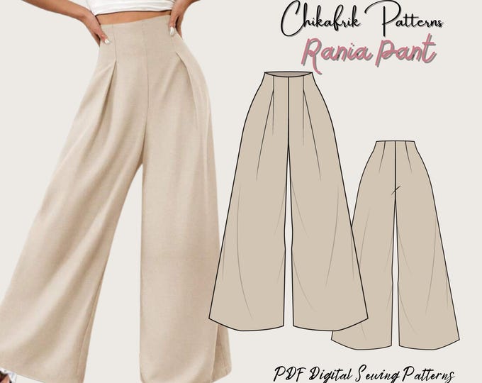 Rania Pant Pattern|High waisted pant pattern|women pant sewing pattern|Large pant pattern|Wide leg pant pattern|Digital Sewing Pattern15size