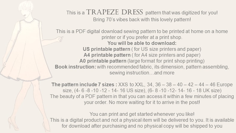 Patron de robe Flair PDFPatron de robe trapèzePatron de couture 7 tailles XXS XXLPatron de jolie robe d'étéRobe alinePatron de couture femme image 3