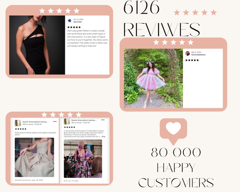 Pu&ograve; includere: Un collage di immagini che mostrano recensioni e testimonianze di clienti per un modello di abito. Le immagini mostrano un abito nero, un abito floreale e un abito rosa. Il testo include il numero di recensioni, il feedback dei clienti e il numero di clienti soddisfatti.