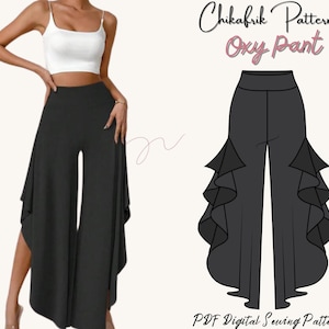 May include: A digital sewing pattern for a black wide-leg trouser with a ruffled hem. The pattern is called "Oxy Pant" and is from Chikafrik Patterns. The text "PDF Digital Sewing Patterns" is also included in the image.
