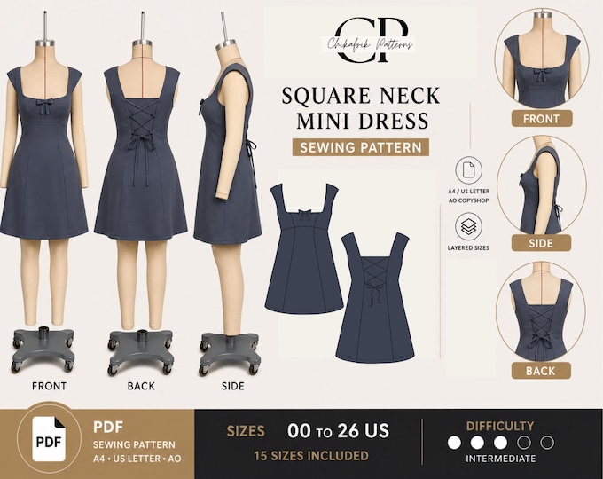 Square Neck Mini Dress Sewing Pattern, A-Line Corset Back PDF (Sizes 00-26 US)
