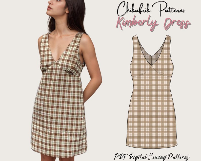 May include: A woman wearing a brown, white, and green plaid V-neck dress. The dress is sleeveless and has a fitted bodice. Next to the woman is a line drawing of the dress. The text "Chikafrik Patterns Kimberly Dress" and "PDF Digital Sewing Patterns" are also visible.