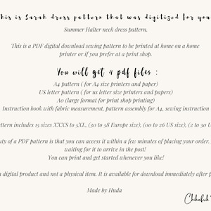 K&ouml;nnte beinhalten: Ein digitaler Download-Schnittmuster f&uuml;r ein Sommer-Halter-Kleid. Das Schnittmuster umfasst 15 Gr&ouml;&szlig;en von XXXS bis 5XL und ist in vier PDF-Dateien verf&uuml;gbar: A4, US Letter, Ao und eine Anleitung. Der Text "You will get 4 pdf files" ist in schwarzer Kursivschrift geschrieben.