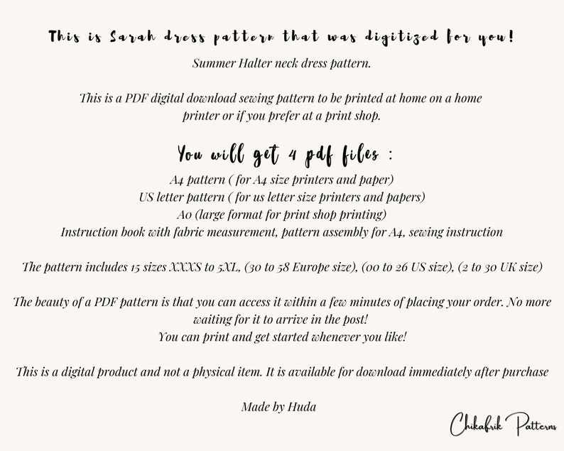 K&ouml;nnte beinhalten: Ein digitaler Download-Schnittmuster f&uuml;r ein Sommer-Halter-Kleid. Das Schnittmuster umfasst 15 Gr&ouml;&szlig;en von XXXS bis 5XL und ist in vier PDF-Dateien verf&uuml;gbar: A4, US Letter, Ao und eine Anleitung. Der Text "You will get 4 pdf files" ist in schwarzer Kursivschrift geschrieben.