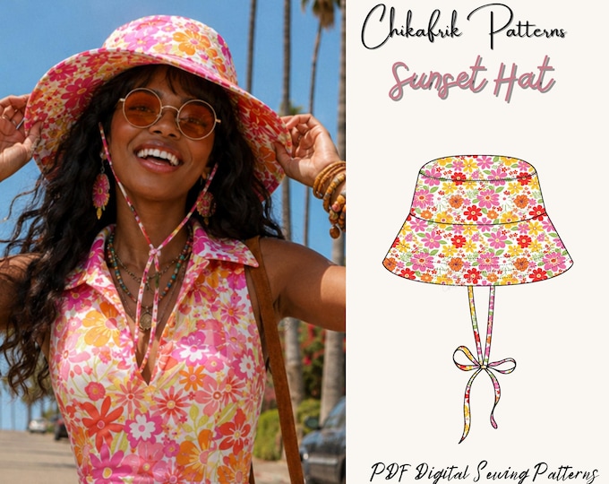 Retro Bucket Hat Sewing Pattern PDF,Sun Hat Pattern, 60s 70s Boho Hat, Beginner Sewing Pattern, Tie Strap Summer Hat