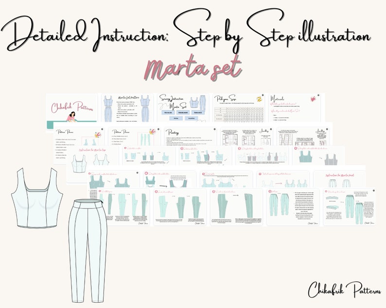 Peut inclure: Un patron de couture num&eacute;rique pour un ensemble haut court et pantalon. Le patron comprend des instructions d&eacute;taill&eacute;es et des illustrations pour coudre le v&ecirc;tement. Le patron s'appelle "Marta Set" et est disponible chez Chikafrik Patterns.