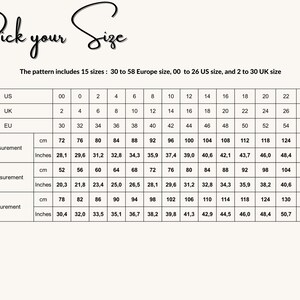 May include: A size chart with bust, waist, and hip measurements in inches and centimeters. The chart includes US, UK, and EU sizes, ranging from 00 to 26 US, 2 to 30 UK, and 30 to 58 EU sizes. The text "Pick your Size" is at the top.
