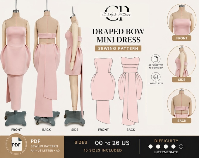 Strapless Draped Bow Mini Dress Sewing Pattern, Sculpted Bubble Hem, Elegant Party (PDF Download)