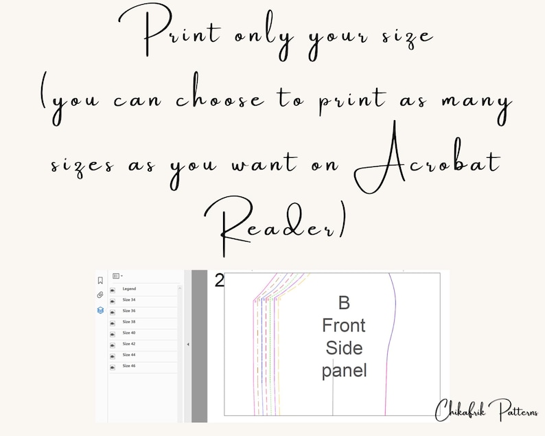 May include: A screenshot of a computer screen showing a sewing pattern for a garment. The pattern is labeled "B Front Side panel" and is printed on a white background. The text "Print only your size (you can choose to print as many sizes as you want on Acrobat Reader)" is visible at the top of the image.
