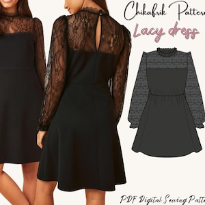 Lacy dress pattern|women dress sewing pattern|PDF sewing pattern|long sleeve dress pattern|mini dress pattern 15sizes digital sewing pattern