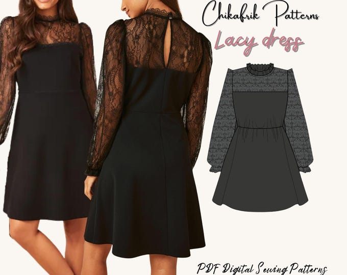 Lacy dress pattern|women dress sewing pattern|PDF sewing pattern|long sleeve dress pattern|mini dress pattern 15sizes digital sewing pattern