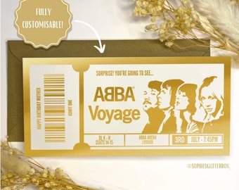 Foil Gift Voucher Ticket, personalised gift, gift reveal, surprise ticket, real foil ticket, ABBA voyage concert ticket, theatre ticket.