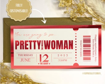 Foil Gift Voucher Ticket, personalised gift, gift reveal, surprise ticket, real foil ticket, Pretty Woman the musical , theatre ticket.