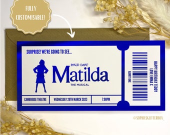 Foil Gift Voucher Ticket, personalised gift, gift reveal, surprise ticket, real foil ticket, Matilda the musical, theatre ticket.