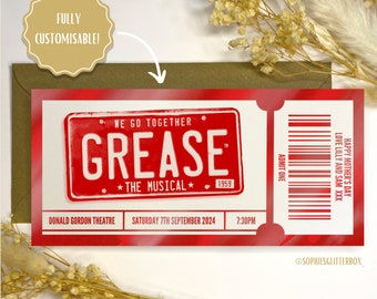 Grease The Musical, Grease, Foil Gift Voucher Ticket, personalised gift, gift reveal, surprise ticket