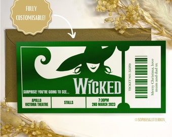 Foil Gift Voucher Ticket, personalised gift, gift reveal, surprise ticket, real foil ticket, Wicked the musical, theatre ticket.