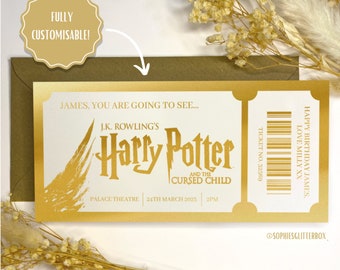 Foil Gift Voucher Ticket, personalised gift, gift reveal, surprise ticket, Harry Potter and the cursed child theatre