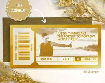 Justin Timberlake Ticket, Foil Gift Voucher Ticket, personalised gift, gift reveal, surprise ticket, The Forget Tomorrow World Tour.