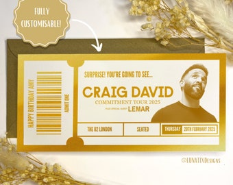 Craig David ticket, Foil Gift Voucher Ticket, personalised gift, gift reveal, surprise ticket, real foil ticket, Craig David Commitment Tour